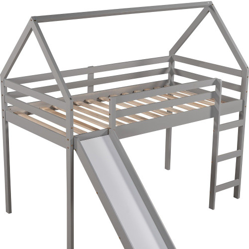 Gray Canopy Solid Wood Twin Loft Bed with Slide