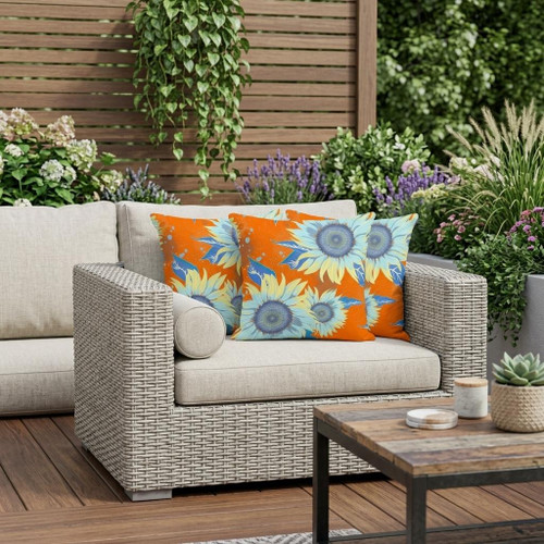 Set of Three Red And Yellow Sunflower Indoor Outdoor Throw Pillow