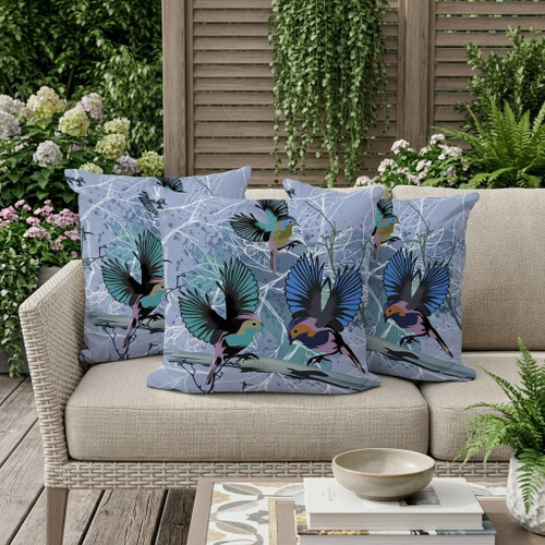 Set of Three Blue Bird Abstract Indoor Outdoor Throw Pillow