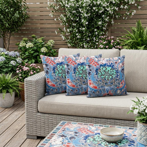 Set of Three Sky Blue Pink And Orange Sunflower Indoor Outdoor Throw Pillow