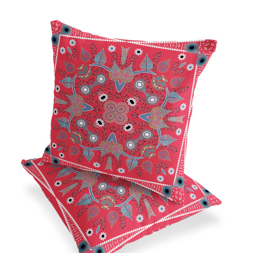 Set of Two Red Gray And Blue Botanical Indoor Outdoor Throw Pillow