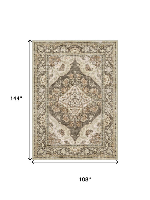 9' X 12' Brown Beige And Ivory Medallion Washable Area Rug
