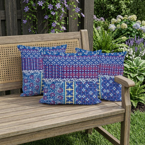 Set of Three Navy Blue And Maroon Floral Indoor Outdoor Throw Pillow