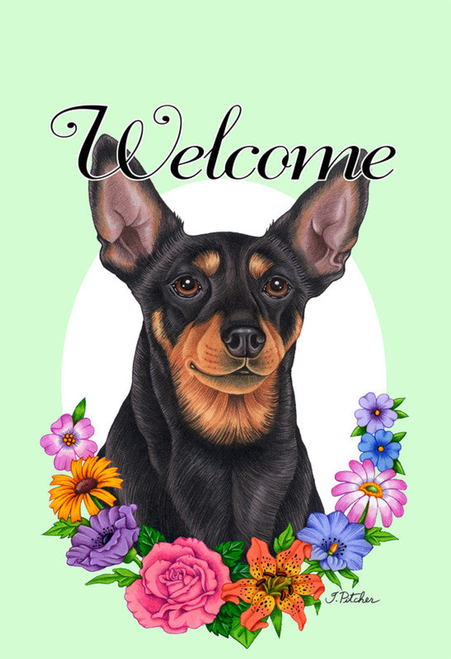 Miniature Pincsher  Black/Tan Cropped- Best of Breed Welcome Flowers Garden Flag 