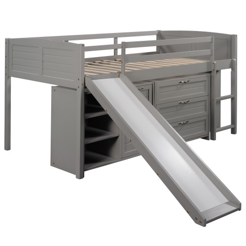Gray Slat Solid Wood Twin Loft Bed with Slide and Shelves