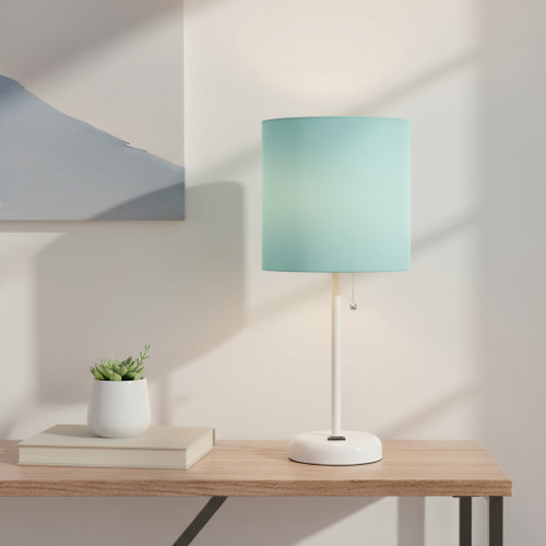 20" White Metal Table Lamp LED With Aqua Drum Shade