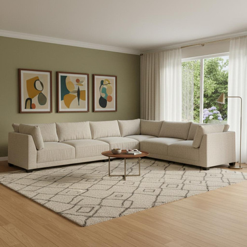Beige Canvas Reclining L Shaped Four Piece Sofa and Chaise Sectional With Toss Pillows