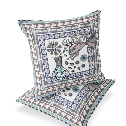 Set of Two Beige Gray And Dark Blue Peacock Indoor Outdoor Throw Pillow