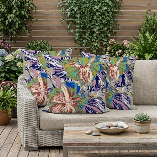 Set of Three Green And Purple Floral Indoor Outdoor Throw Pillow