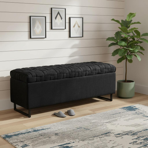 16" Black Velvet and Metal Upholstered Storage Bench with Flip Top