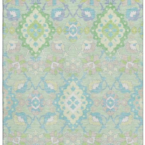 5' X 8' Mint Green Teal And Lavender Oriental Washable Area Rug With UV Protection