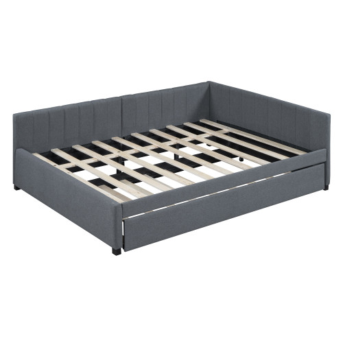 Gray Tufted Linen Upholstered Full Day Bed With Trundle