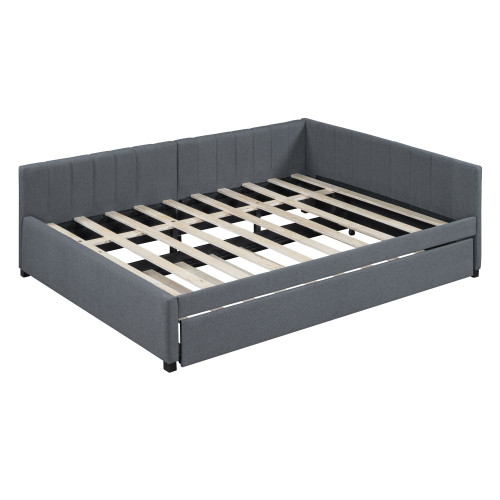 Gray Tufted Linen Upholstered Full Day Bed With Trundle