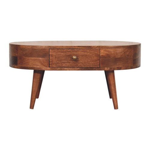 33" Natural Solid Wood Oval Coffee Table With Drawer
