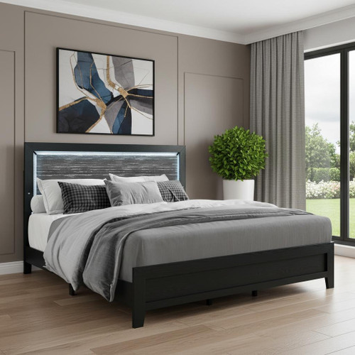 Black and Ash Gray Wood And Upholstery Lighted Upholstered Full Bed Frame