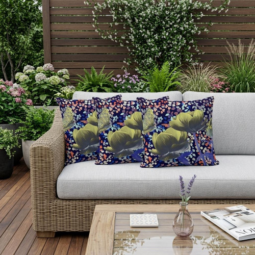 Set of Three Yellow Dark Green And Purple Floral Indoor Outdoor Throw Pillow