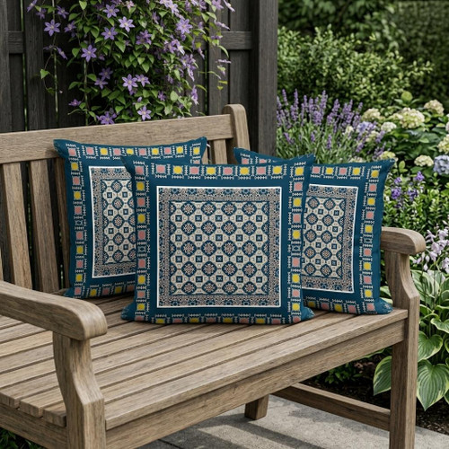 Set of Three Blue And Beige Floral Indoor Outdoor Throw Pillow