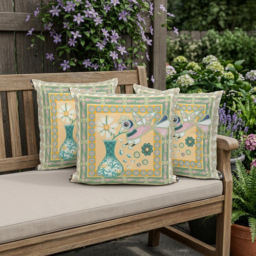 Set of Three Beige Yellow And Black Peacock Indoor Outdoor Throw Pillow