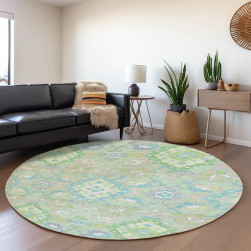 8' Mint Green Teal And Lavender Oriental Washable Round Rug With UV Protection