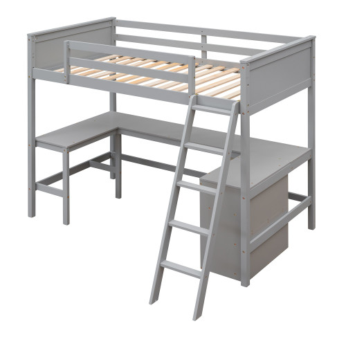 Gray Slat Solid Wood Twin Loft Bed with Desk and Shelves