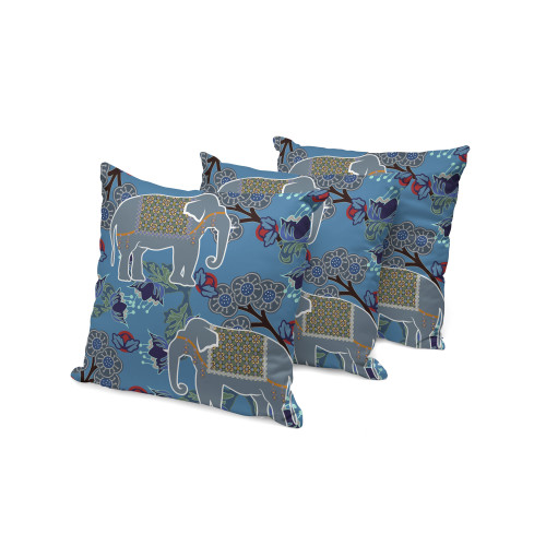 Set of Three Blue Elephant Indoor Outdoor Throw Pillow