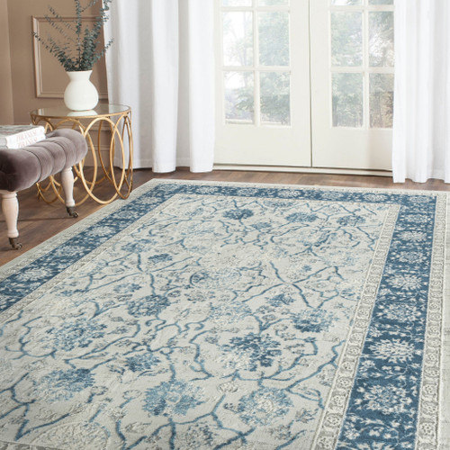 4' X 6' Gray And Blue Floral Area Rug