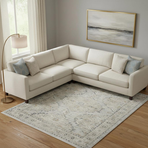 8' X 10' Beige And Blue Floral Medallion Distressed Area Rug With Fringe
