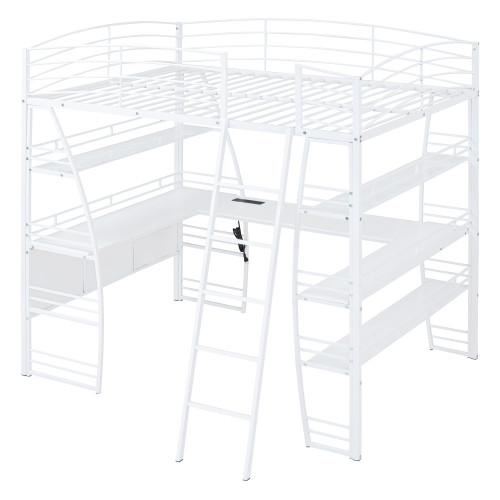 White Platform Metal Full Double Loft Bed with Desk and Shelves