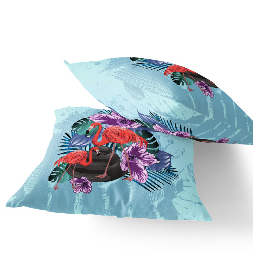 Set of Two Blue Purple Brown And Red Flamingo Floral Indoor Outdoor Throw Pillow