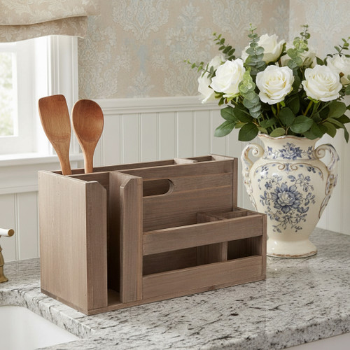 7" Brown Wood Desk Organizer