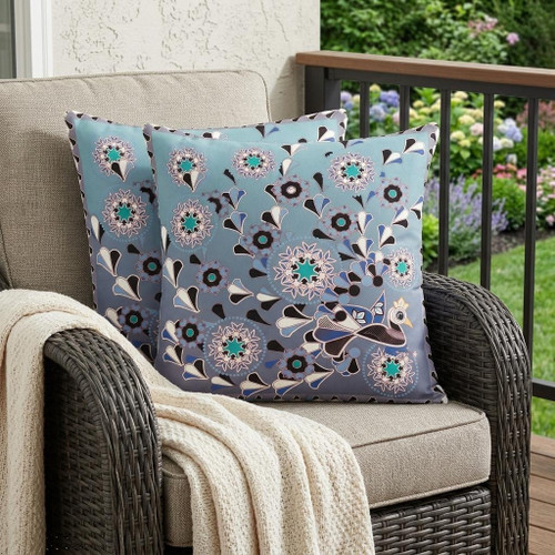 Set of Two Purple Blue And Gray Peacock Floral Indoor Outdoor Throw Pillow