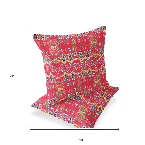 Set of Two Red And Gold Botanical Indoor Outdoor Throw Pillow