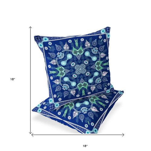 Set of Two Blue Green And White Botanical Indoor Outdoor Throw Pillow