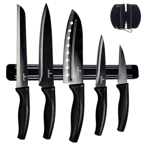Kitchen Knife Set Kit 5 Professional Grade Iridescent Blade Knives Includes Knife Sharpener & Magnetic Wall Hanger All Black with Black Knife Rack
