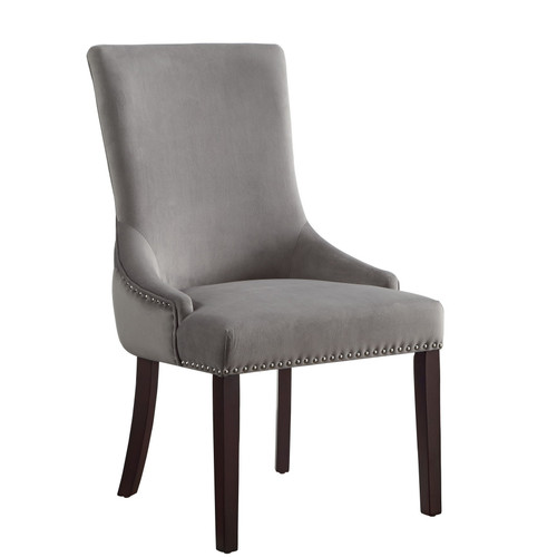 Set of Two Tufted Gray and Espresso Upholstered Velvet Dining Side Chairs