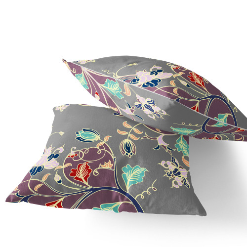 Set of Two Purple And Gray Floral Indoor Outdoor Throw Pillow