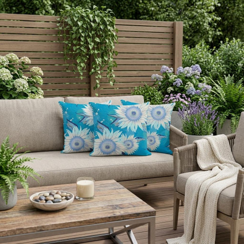 Set of Three Blue And White Sunflower Indoor Outdoor Throw Pillow