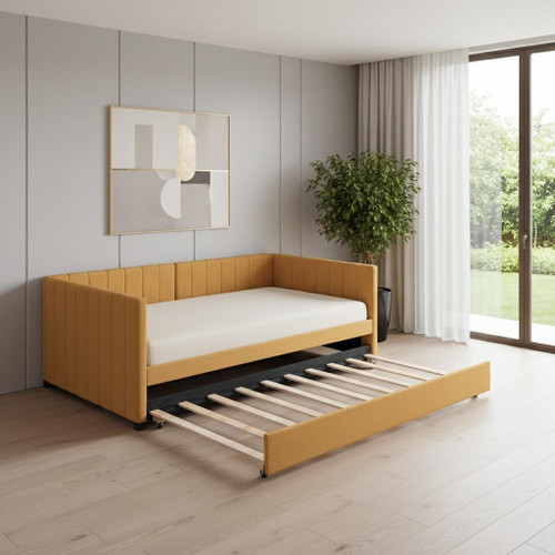 Yellow Tufted Linen Upholstered Twin Day Bed With Trundle