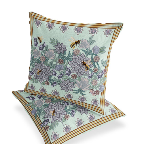 Set of Two Light Green Purple And Brown Bee Floral Indoor Outdoor Throw Pillow