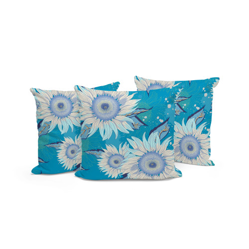 Set of Three Blue And White Sunflower Indoor Outdoor Throw Pillow