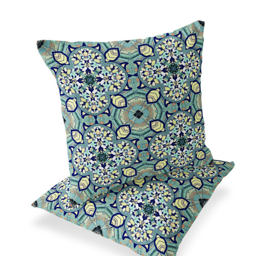 Set of Two Green And Cream Floral Indoor Outdoor Throw Pillow