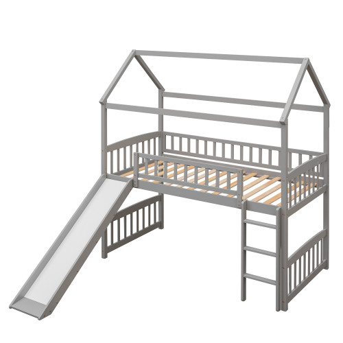 Gray Canopy Solid Wood Twin Loft Bed With Slide