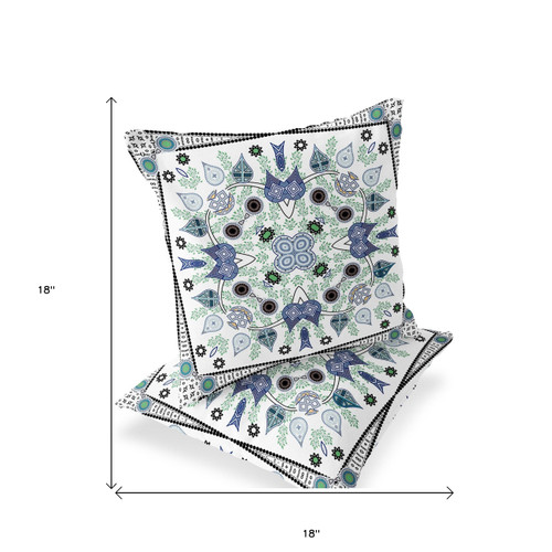 Set of Two Off White Gray And Blue Botanical Indoor Outdoor Throw Pillow
