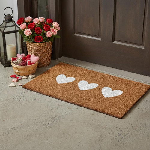 24" X 36" Brown And White Three Hearts Outdoor Coir Door Mat