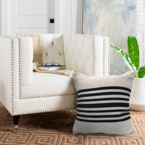 Set of Four White And Black Striped Cotton Throw Pillows with Texture