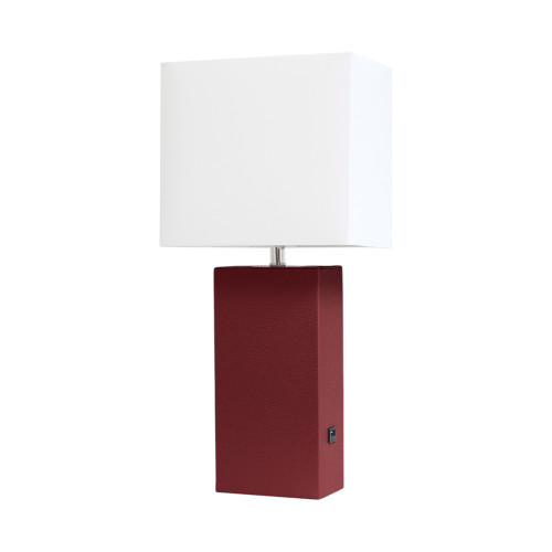 21" Red Faux Leather USB Table Lamp LED With White Shade