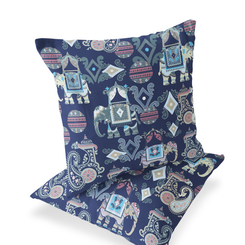 Set of Two Blue And Gray Elephant Indoor Outdoor Throw Pillow