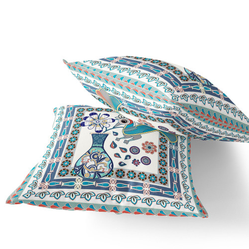 Set of Two Off White Blue And Gray Peacock Indoor Outdoor Throw Pillow