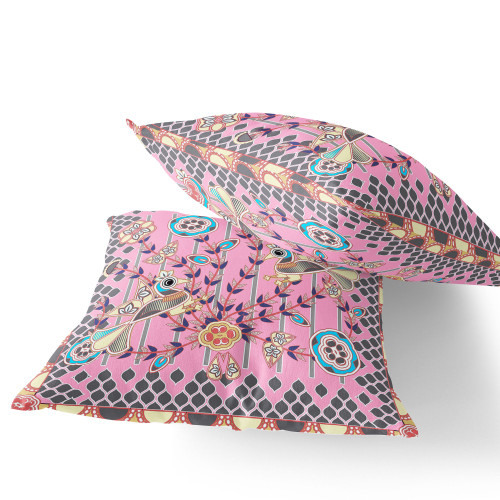 Set of Two Pink Gray Sky Blue And Cream Peacock Indoor Outdoor Throw Pillow