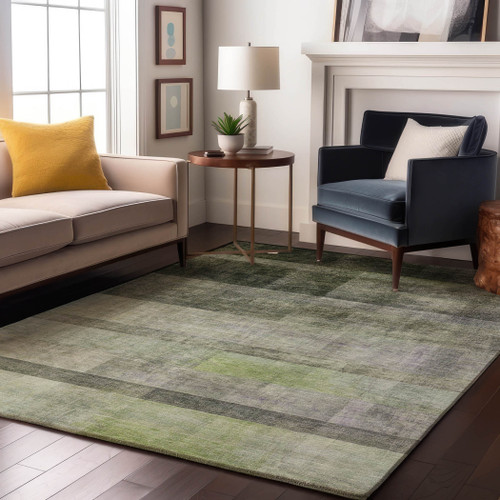 8' X 10' Olive Green And Ivory Abstract Washable Area Rug With UV Protection